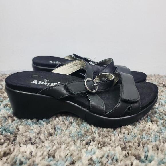 Alegria Sandals Womens 37 6.5 Roux Wedge Open Toe Strappy Slip On Leather Black - Picture 1 of 11